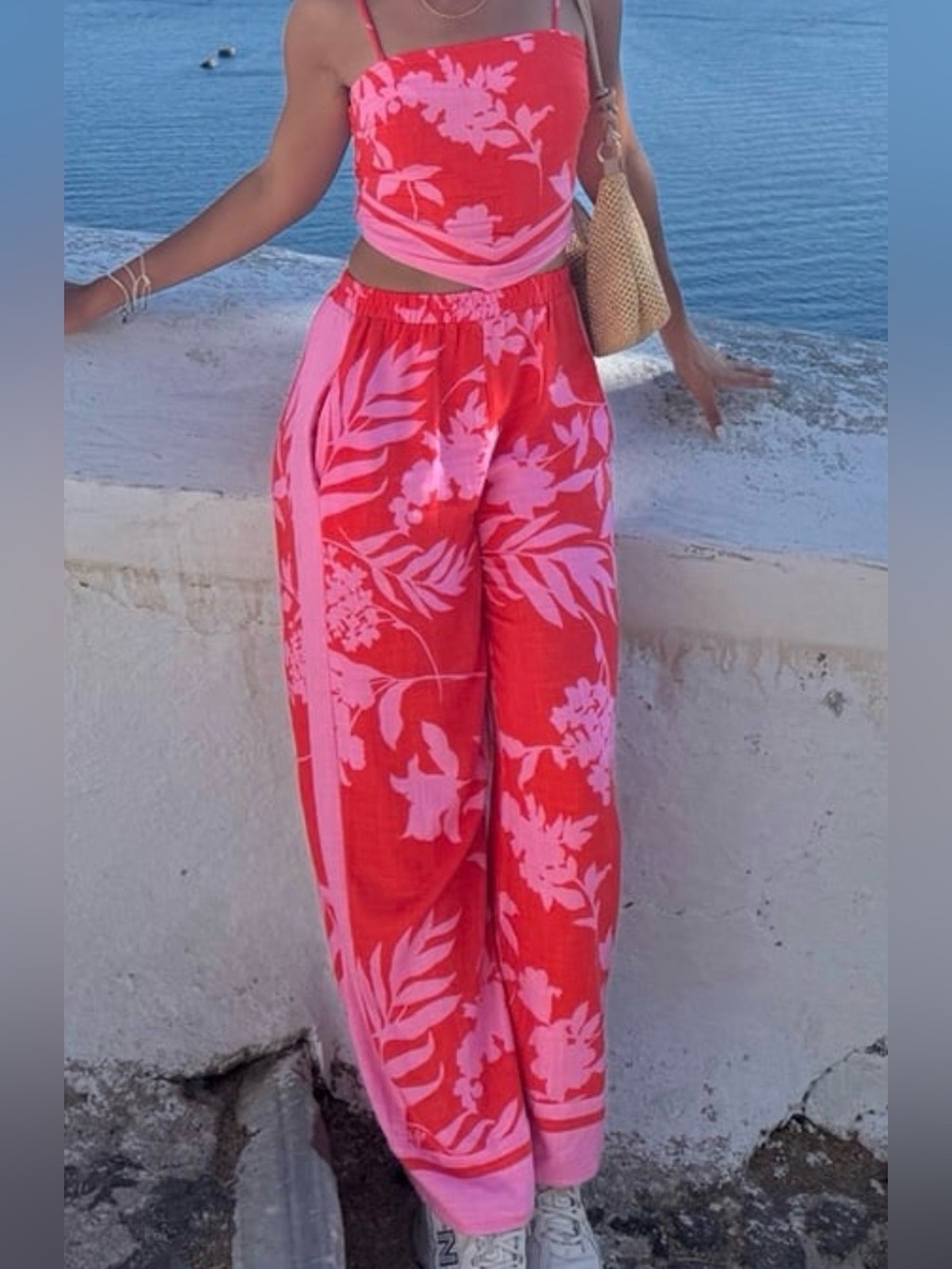 Women's Pink and Red Floral Two-Piece Set